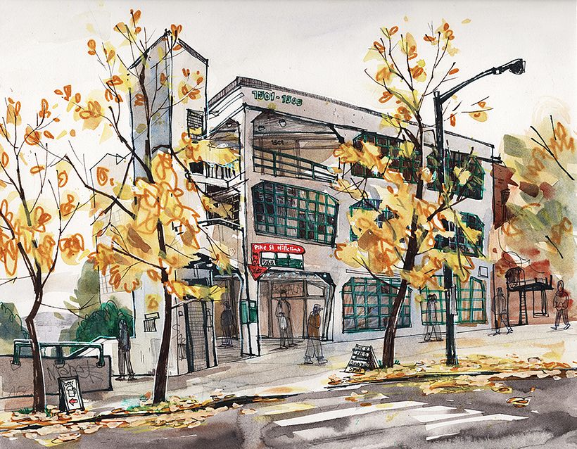 Pike Place Market -- leaves falling on the lower level on a dreary day. 