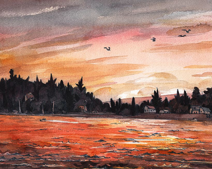 Vashon Island, WA -- a brilliant sunset turning the water bright orange!