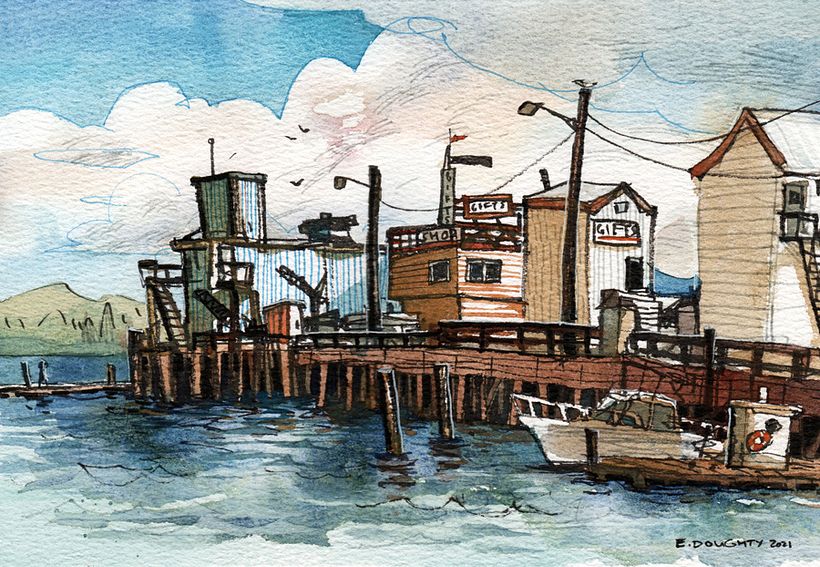 Westport, WA -- an oceanside port with a lot of fish processing plants on docks. Fun to sketch the lines.