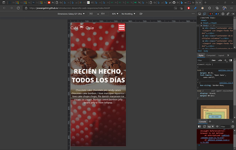Primera pantalla en dispositivo móvil. El alto del DIV se ha ajustado al alto del viewport del dispositivo
