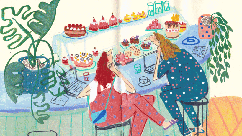 Sarah's characters are expressive and often caught in daily moments of activity or reflection.