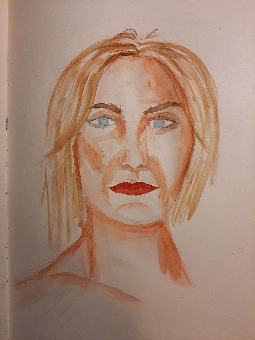 Watercolour layer, I have trouble with eyes area and hair, I will try to fix it with pencils in next step.
