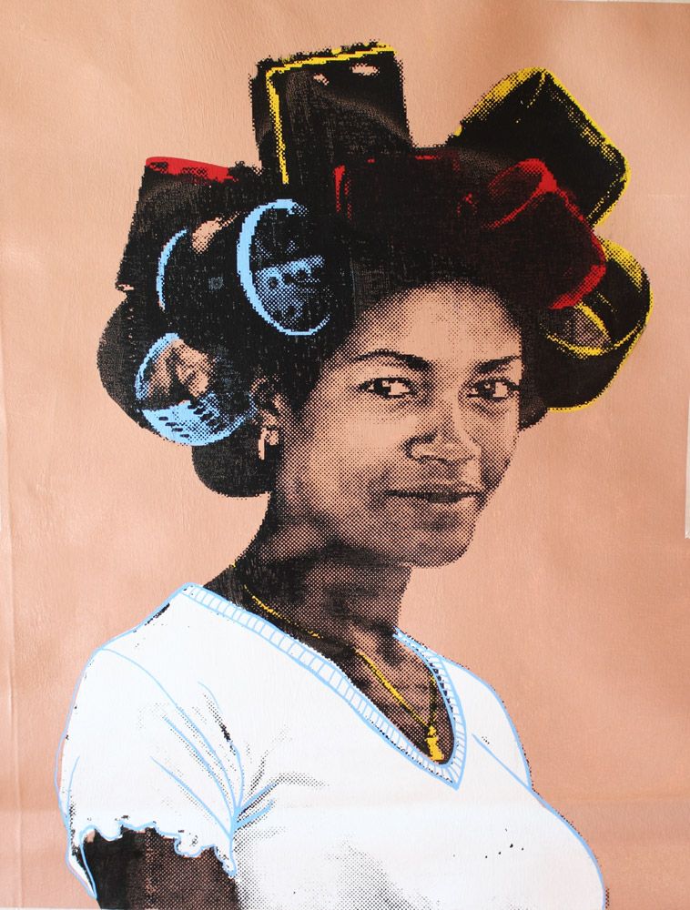Doña con Rolos from my "Complejo" exhibit in 2011. Hand Pulled screen print and painted on Canvas.