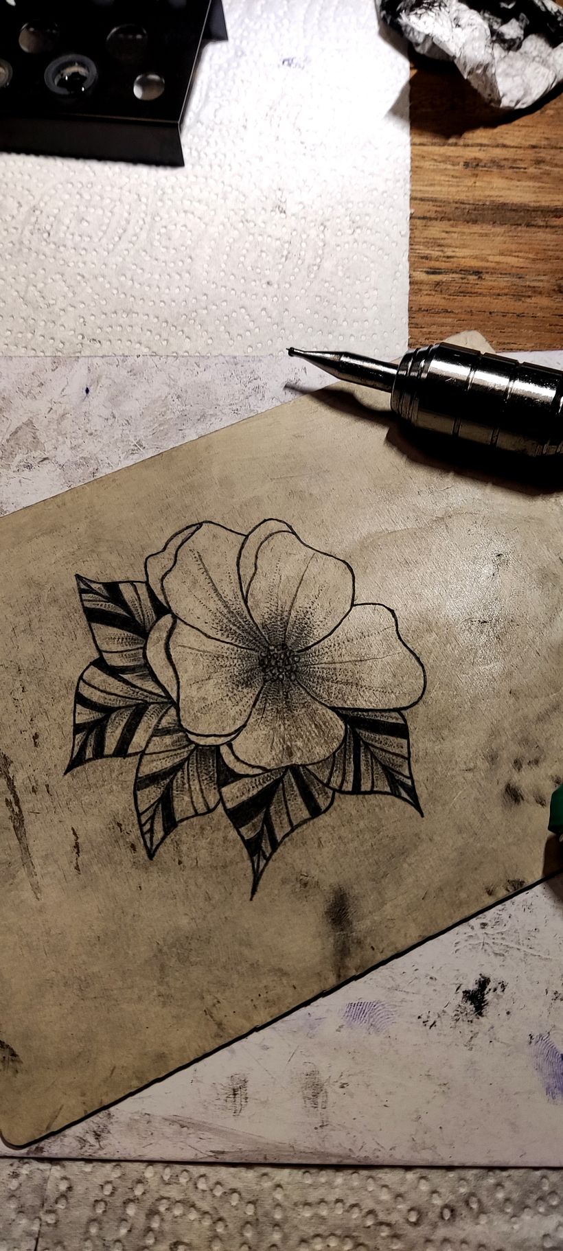 Flower on fake skin. 1 week into the course.