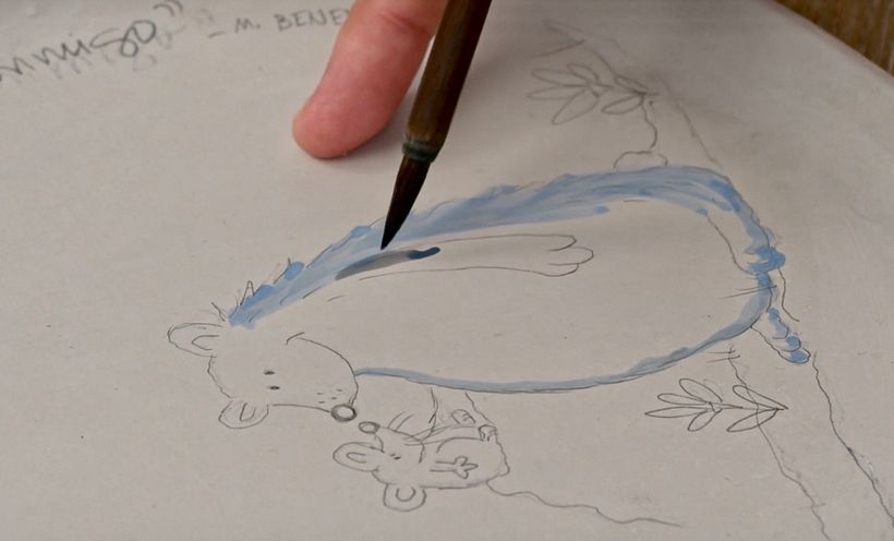 Transferí el boceto a la pieza y le di color utilizando los pigmentos bajocubierta