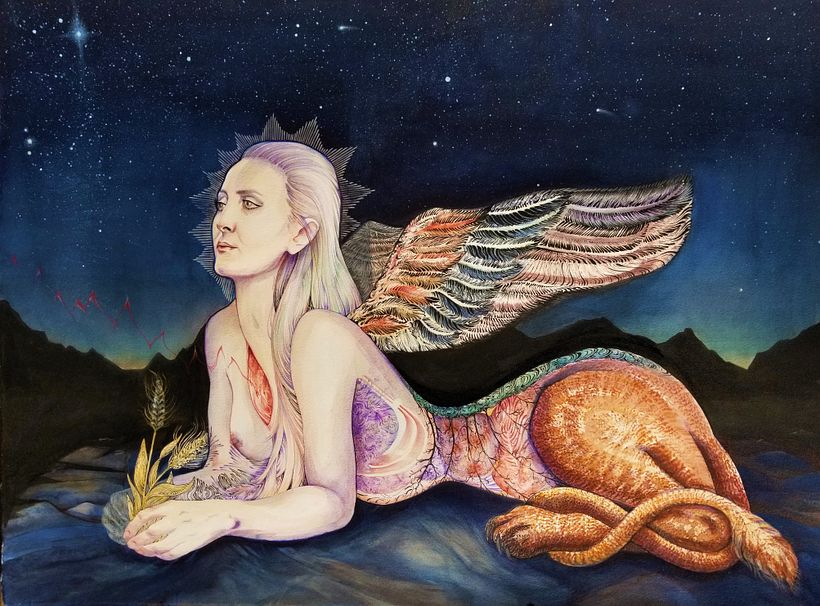 Sphynx, watercolor and pencil on paper, 50x65cm, 2021