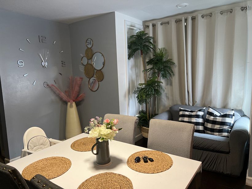El comedor lo moví para el centro y coloqué el mueble , compré la planta las espigas rosas