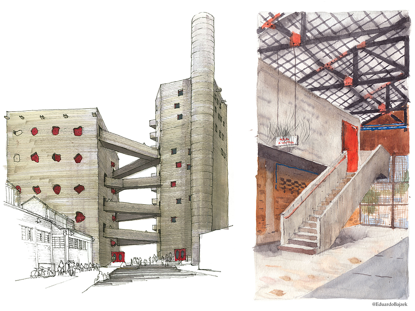 Illustrations of SESC Pompeia, by Eduardo Bajzek.