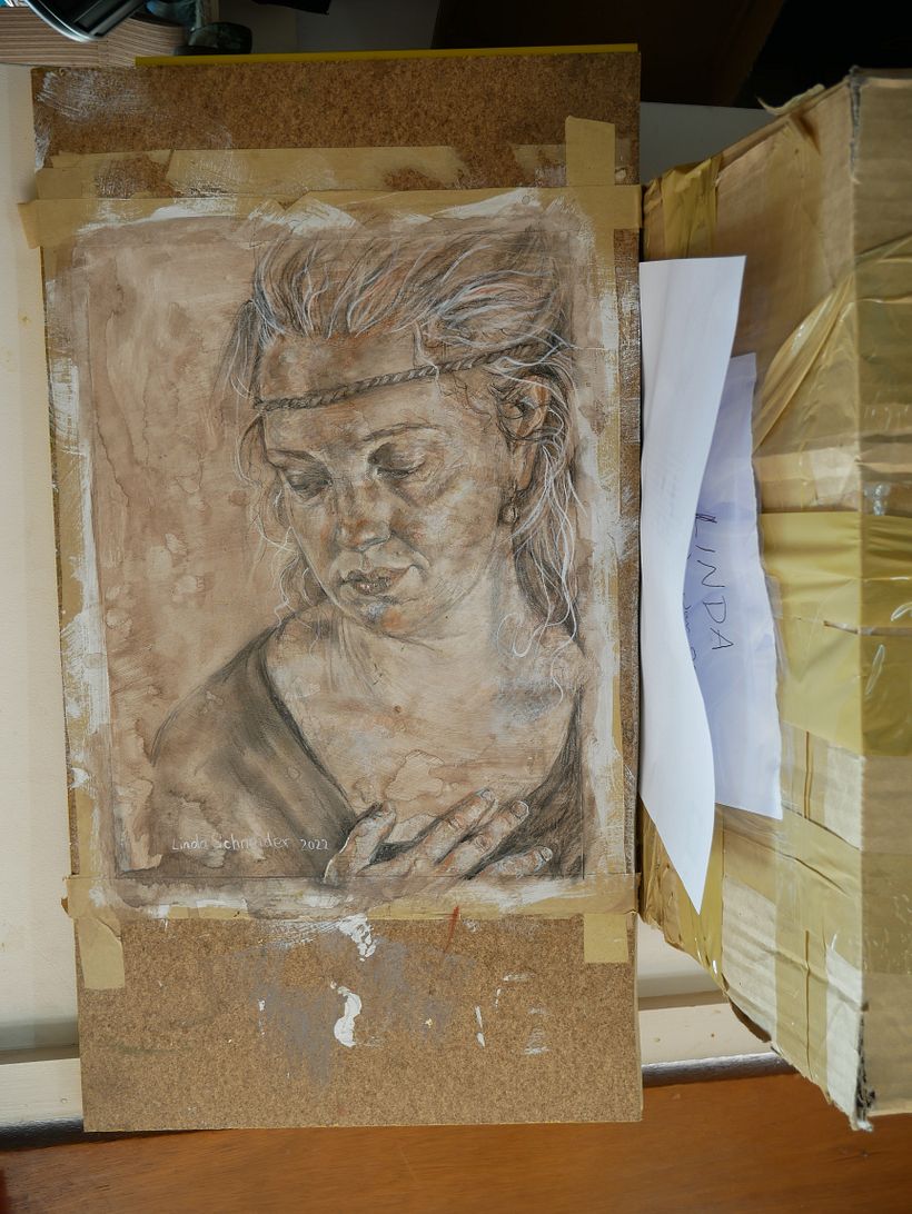 5. This is my finished drawing. It's still on the drawing board. Now I have to cut around the edges to release it.