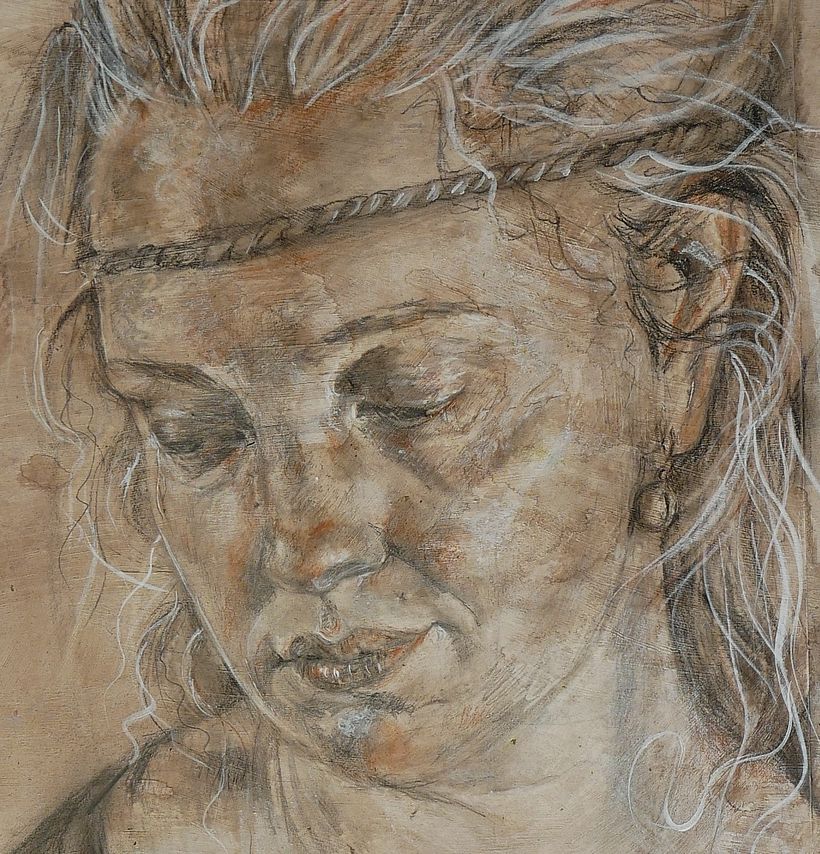 7. Detail of the face so that the stain can be seen under the drawing.