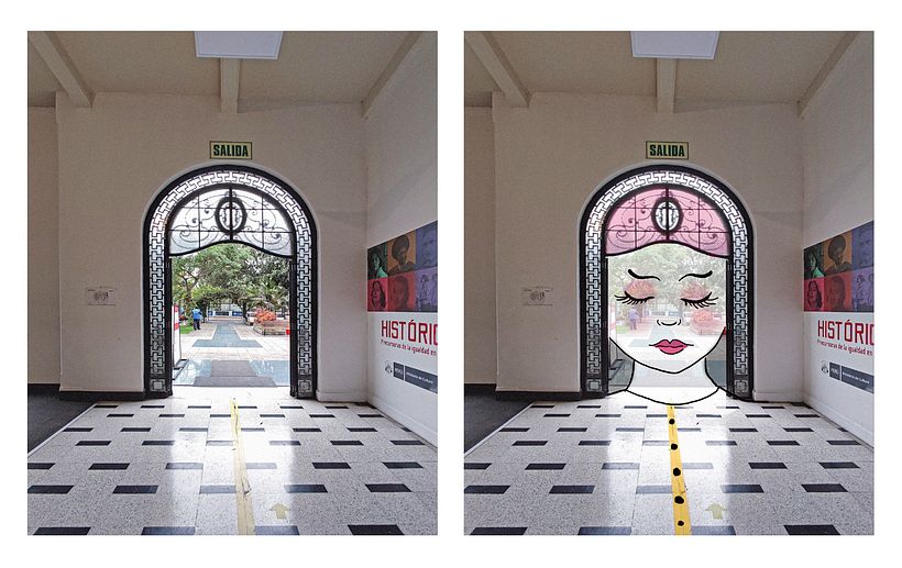 La dama que cuida el ingreso a la galería