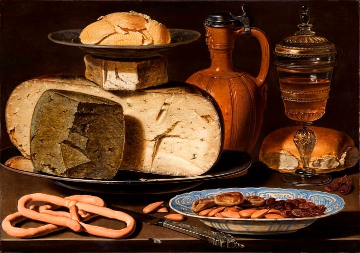 Still Life with Cheeses, Almonds and Pretzels by Clara Peeters.