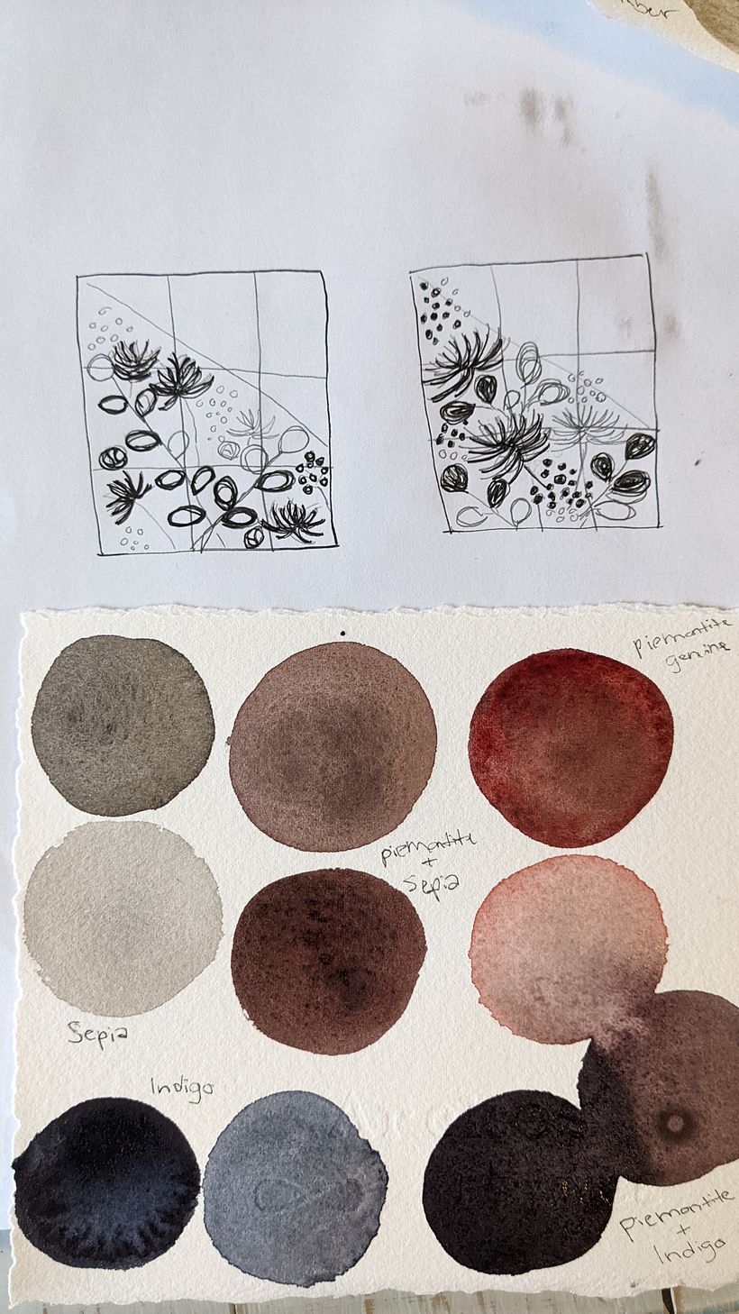My original composition idea on the left and new composition on the right and below is my limited palette.
