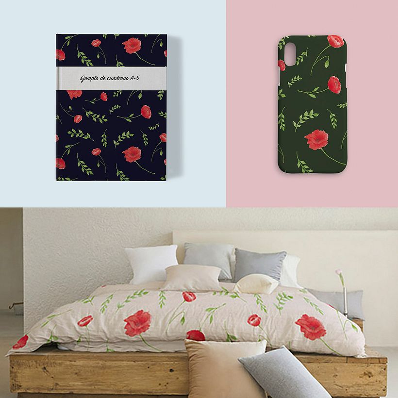 Más aplicaciones del estampado en cuaderno funda de móvil y funda nórdica.