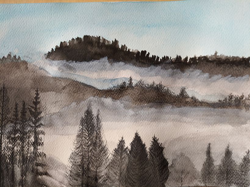 Zamglone Bieszczady (akwarela, kredki akwarelowe, papier do akwareli 300g/m2, format A4)