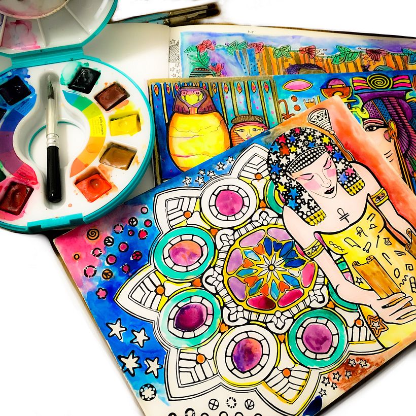 Coloreando una Sacerdotisa del libro"Cielo y Tierra"  es un libro desglosable, con 22 tarjetas de diferentes Diosas Egipcias.