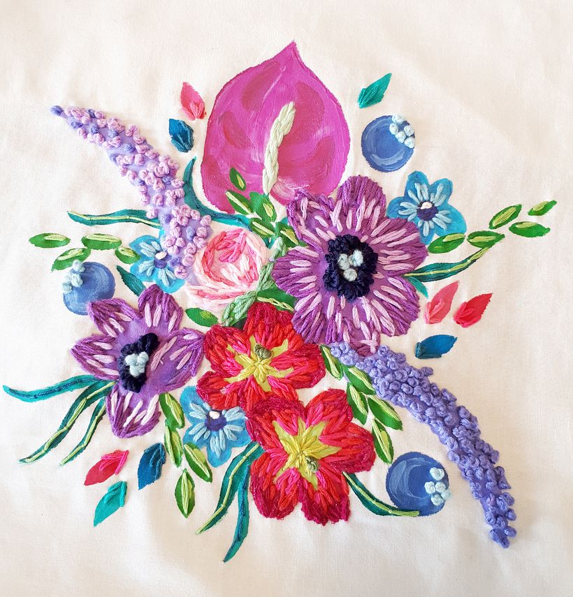 My project in Flower Composition with Acrylic Paint and Embroidery course 1