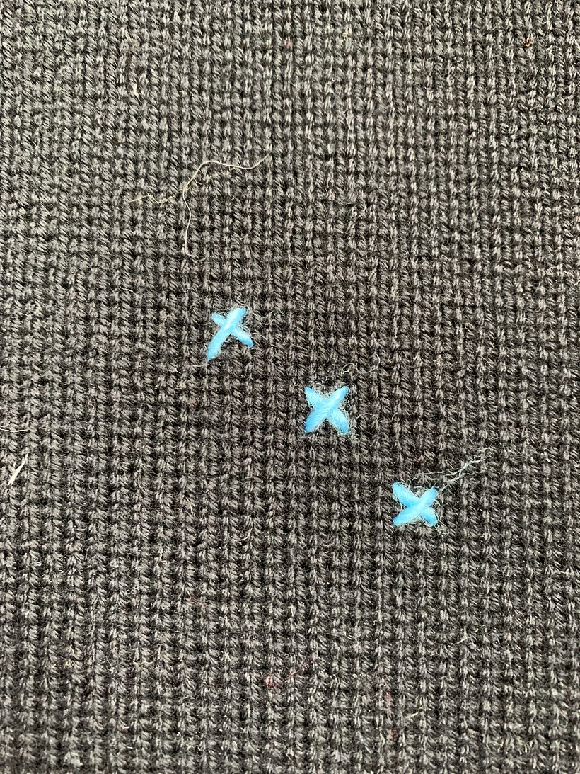 I used little x's to cover tiny snags. I used groups of three even though often only one was needed.