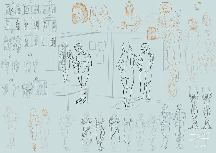 Esboço dos personagens escolhidos. Explorando as cenas, as poses e formatos para depois definir com precisão no desenho final
