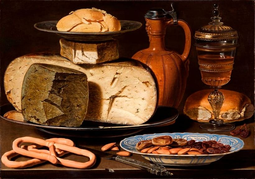 Stillleben mit Käse, Mandeln und Brezeln von Clara Peeters.