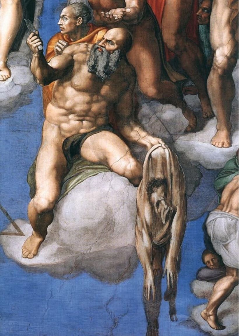 Viele Kunsthistoriker sind sich einig, dass die Haut, die der Heilige Bartholomäus hält, Michelangelo repräsentiert.