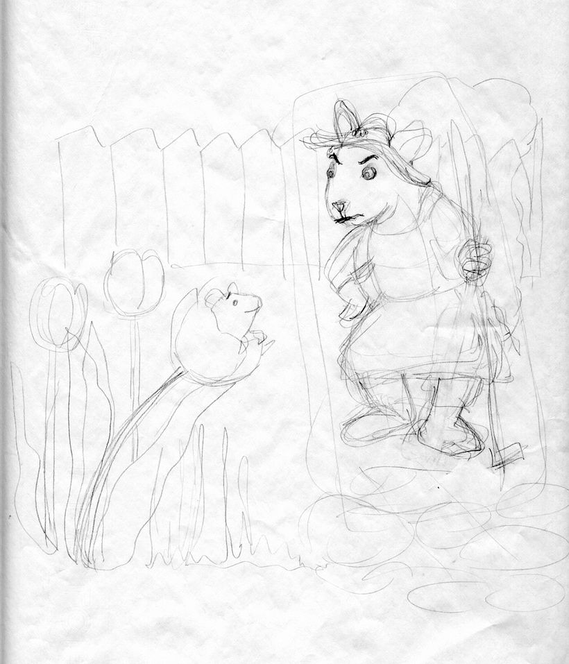 In this first rough sketch I began to develop the elements I wanted to include and the problems to be solved.