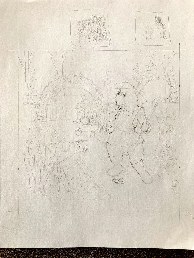 At first I thought of having a very detailed background, which I included in this second sketch.