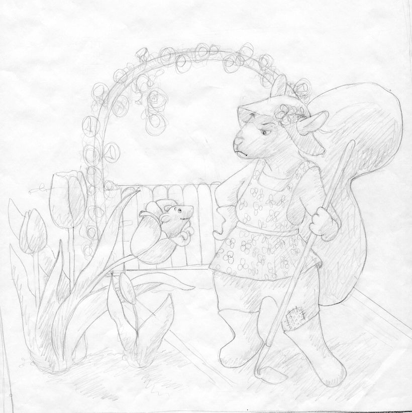In the final sketch I added details, simplied background to focus on the characters, and modified squirrel's expression.