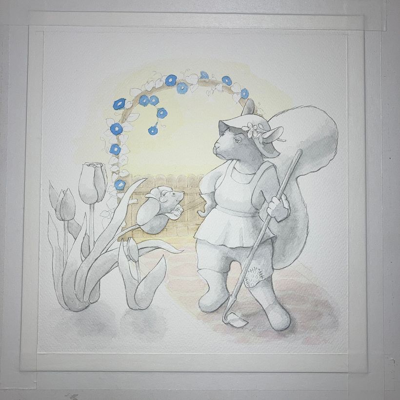 Here is the application of shadows and first washes of color.