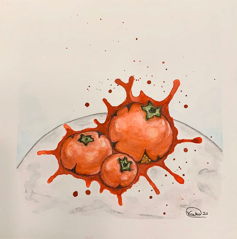 Splattered tomatoes - original, watercolor, 8 x 8 , 2021