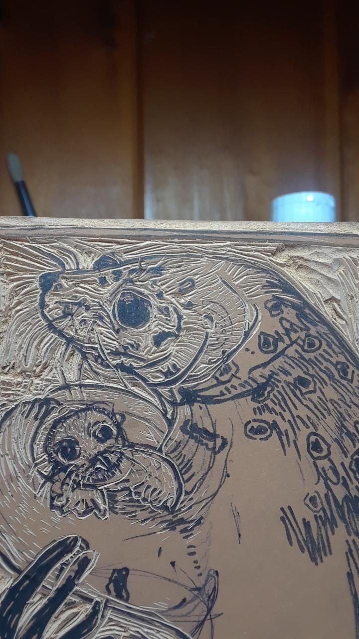 Linoleum block close up of Mama and Baby Sea