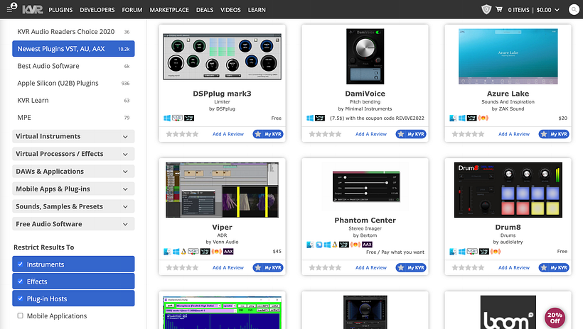Así luce la oferta de efectos y plugins de AM VST.