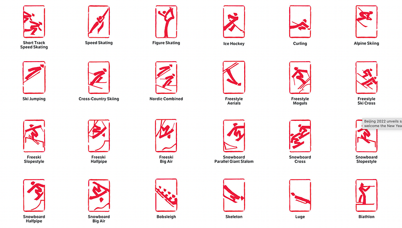 The pictograms are strikingly similar to ancient Chinese seals. Photograph: courtesy Beijing Olympics 2022.
