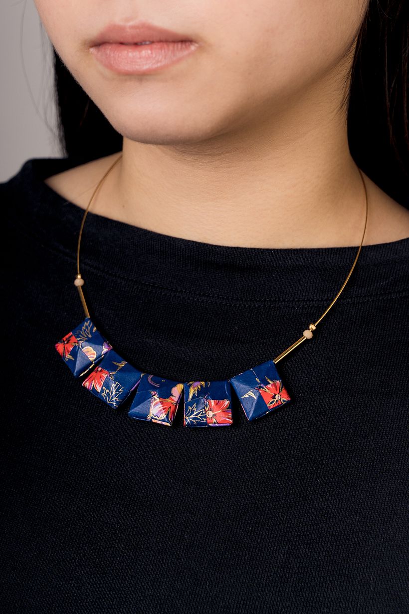 Square Necklace, Chiyogami paper, brass, stainless steel