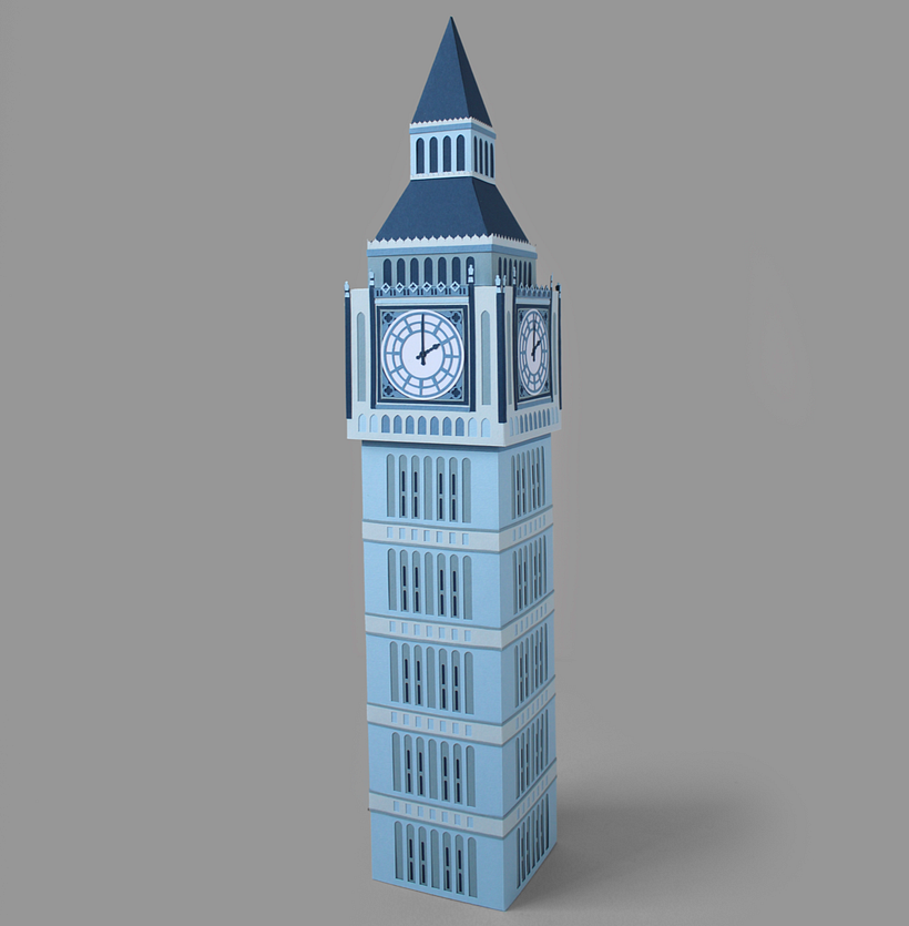 The finished Big Ben sculpture using paper in a range of blue shades.