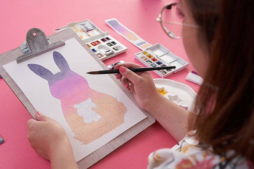 Master your brushtrokes to achieve the negative watercolor technique.