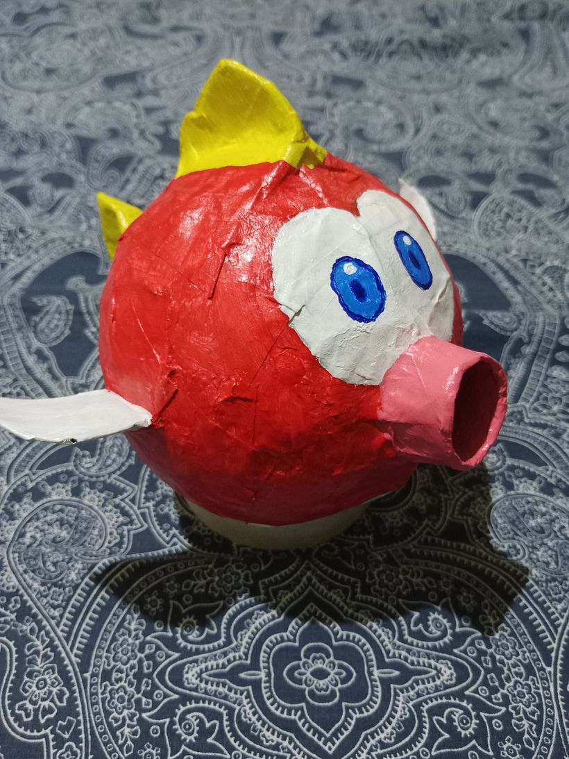 This paper mache character I made was inspired by a Cheep cheep from Super Mario Brothers. 