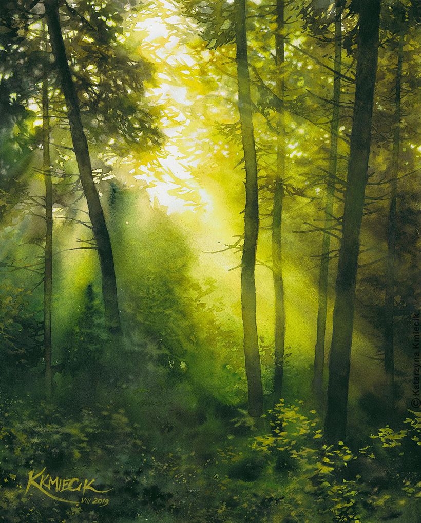 "Light in the Dark Forest", watercolor on paper, 16x20"