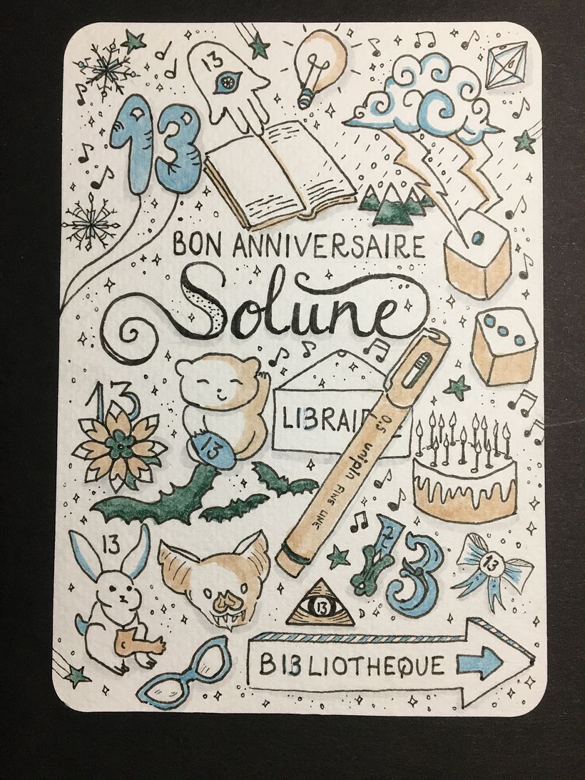 This is the actual card, drawn on watercolour paper, with 0.5 and 0.1 Fineliners, and some Tombow Dual Brushes