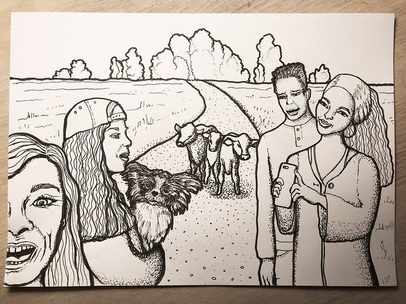 Here is my second pencil outline, inked. This one is made on a smaller paper, with less grain.