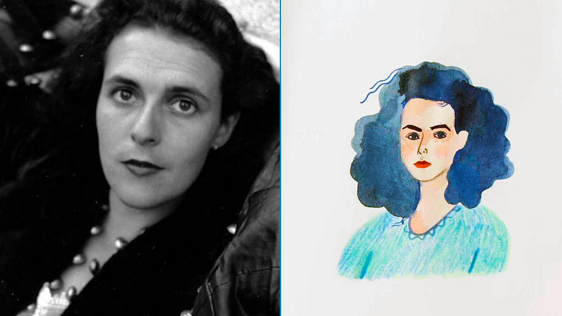 Leonora Carrington (left) and Sarah Walsh's drawing of her (right)