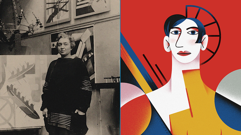 Alexandra Exter (left) and Tania Yakunova's portrait of her (right)