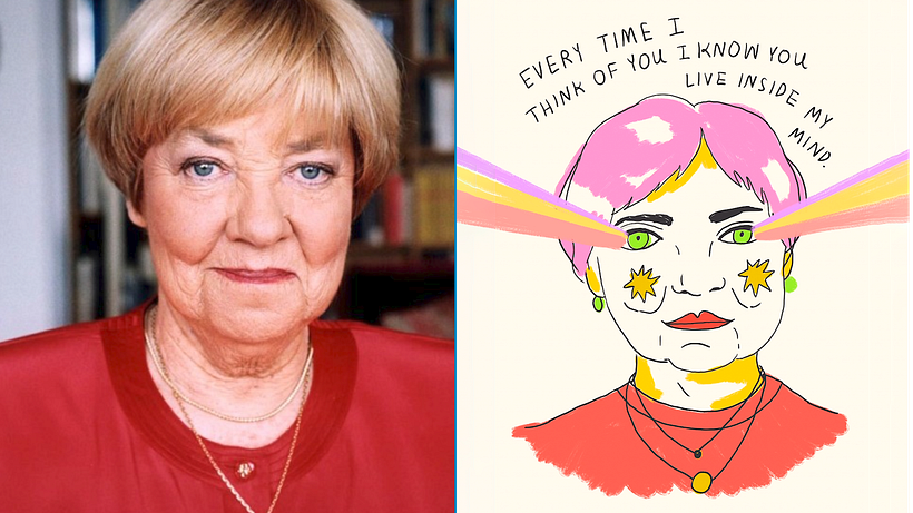 María Elena Walsh (left) and Pepita Sandwich's drawing of her (right)