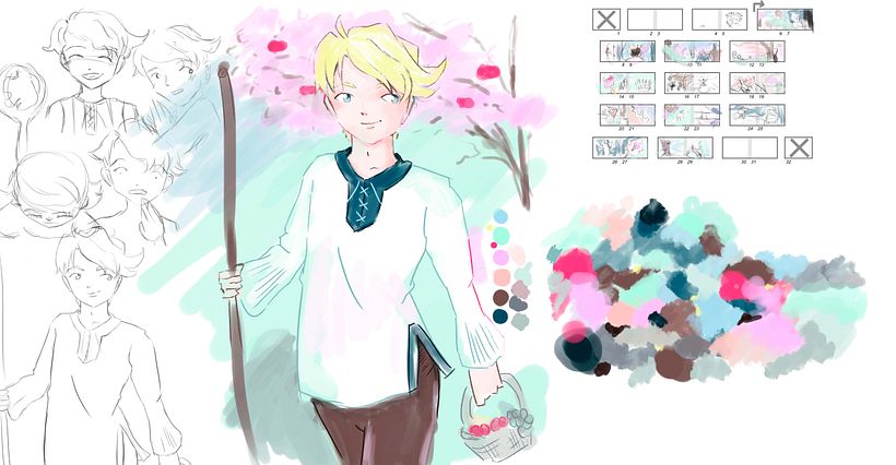Este es el protagonista de mi cuento, con la paleta de colores que he utilizado y algún boceto.