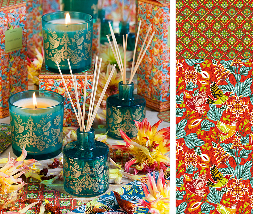 Ilustrações e patterns de Catalina Estrada em objetos de decoração