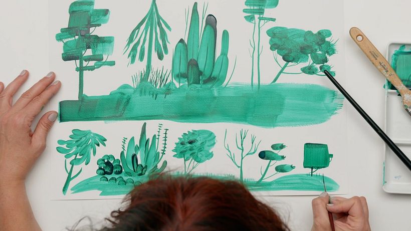 Beispiel einer botanischen Landschaft mit Acrylfarbe in einer Farbe und mit verschiedenen Pinseln.