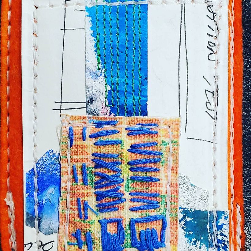 Collage mix media 2.5 x 35 inches original - machine and hand stitched (paper and cloth).