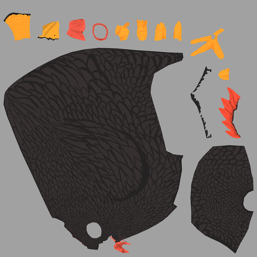 Con el despliegue de Uv del personaje esta es la textura creada para la gallina.