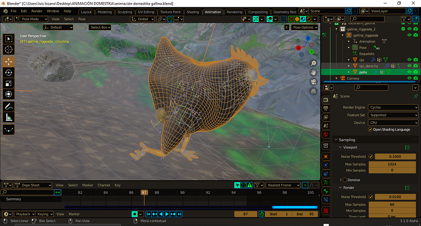 Retopología de la gallina - texturizado y animación en blender.