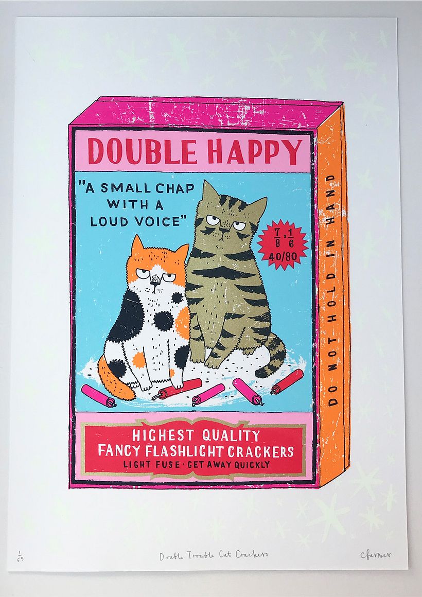 Double Trouble Cat Crackers - 8 colour screen print with glow in the dark stars